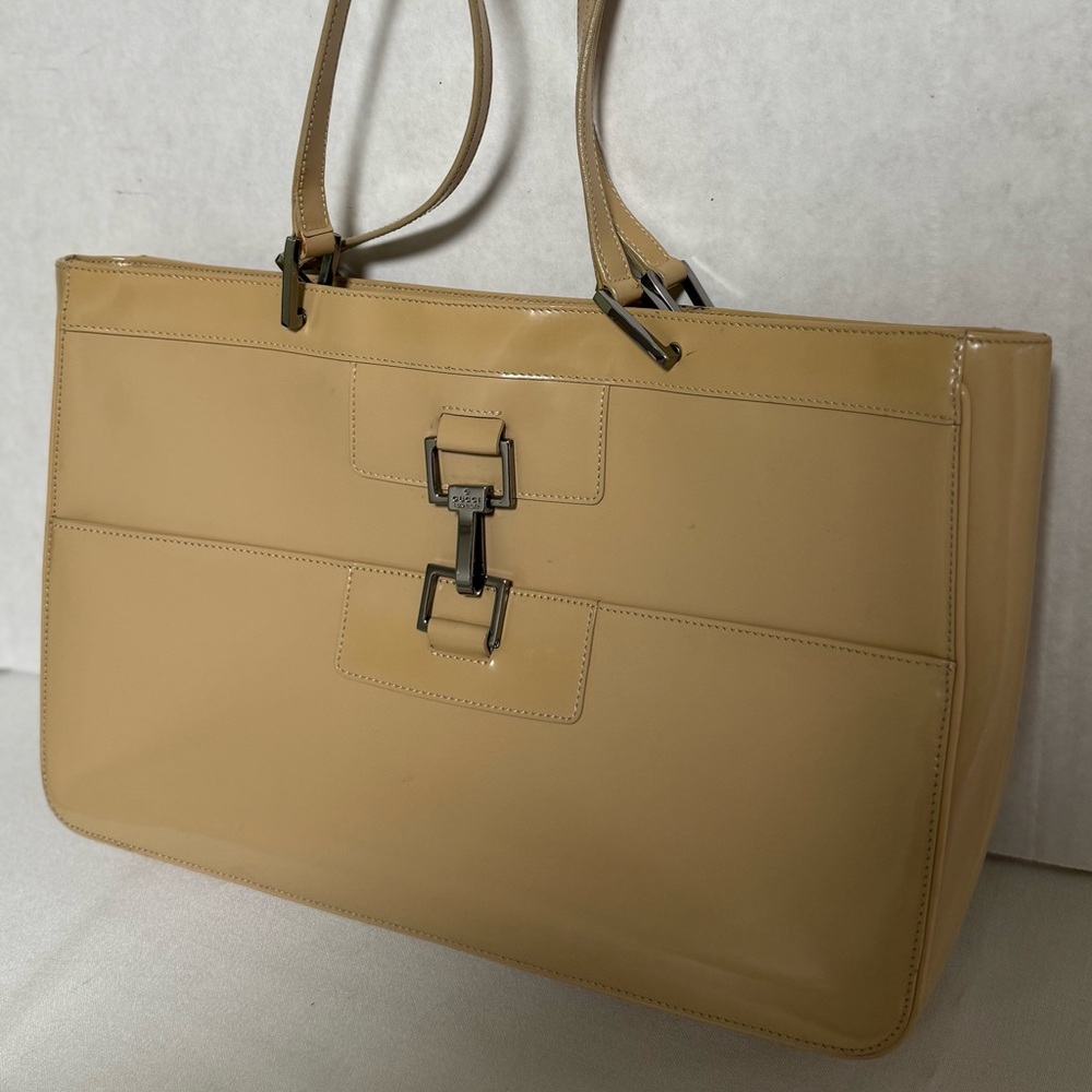 Vintage Gucci Jackie Beige Patent Leather Shoulder Bag Silver Italy Hardware